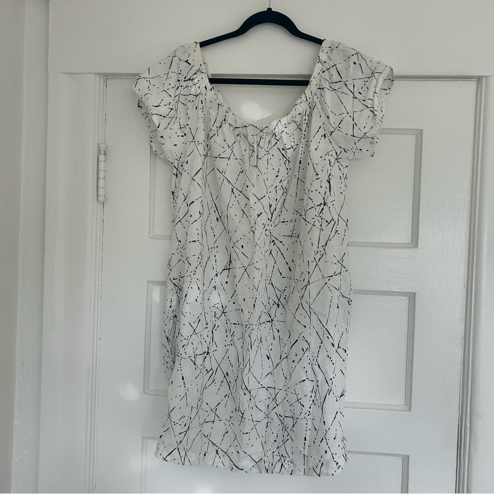 White and black splatter paint off shoulder linen dress
